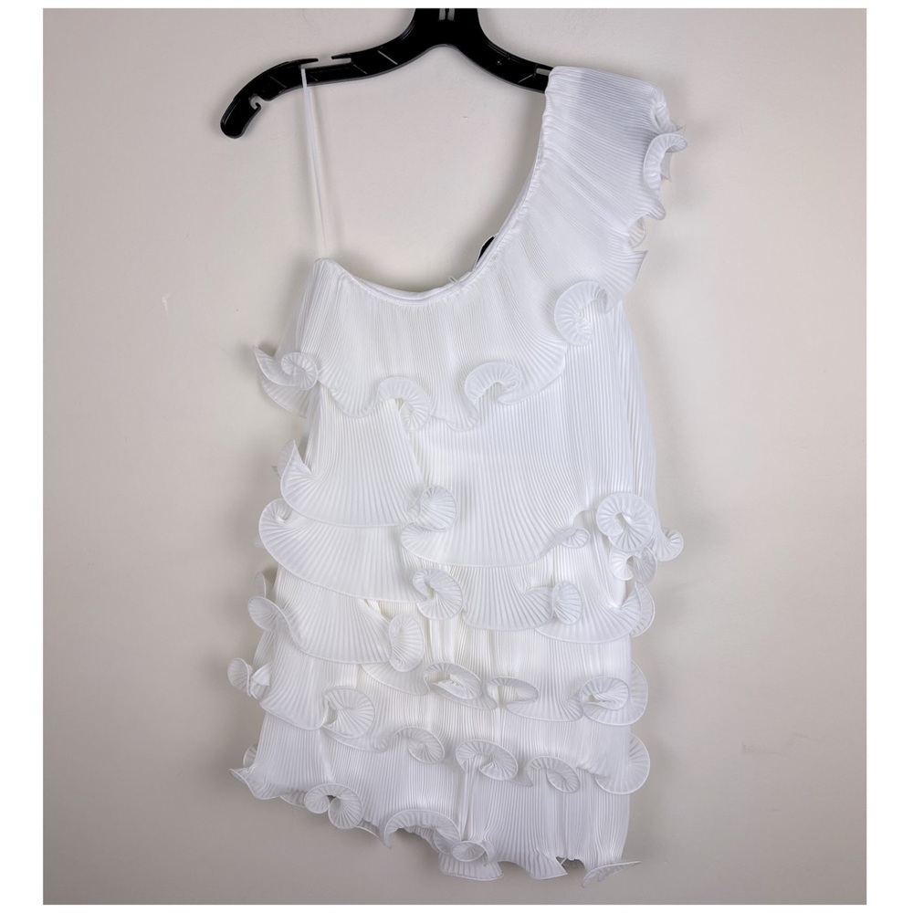 Milly | Blakely One Shoulder Tiered Ruffled Mini Dress White | 4 - Picture 11 of 16